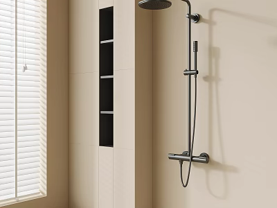 Modern Wall Mounted Shower Faucet With Handheld Spray And Black Shelf On Beige Tile Wall 3d model
