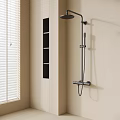 Modern Wall Mounted Shower Faucet With Handheld Spray And Black Shelf On Beige Tile Wall