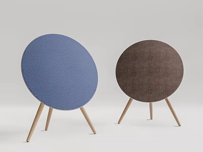Round Desktop Speakers With Blue And Brown Fabric Covers Wooden Legs Modern Design 3d model