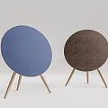 Round Desktop Speakers With Blue And Brown Fabric Covers Wooden Legs Modern Design