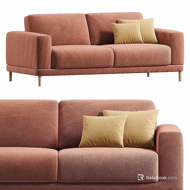 Modern Rust Colored Upholstered Sofa With Soft Yellow Accent Pillows And Sleek Metal Legs 3d model 