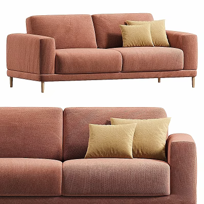 Modern Rust Colored Upholstered Sofa With Soft Yellow Accent Pillows And Sleek Metal Legs 3d model