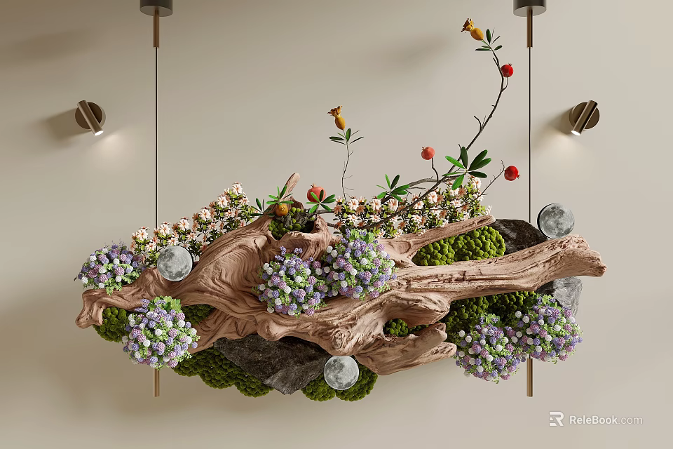Natural Wooden Hanging Pendant with Moss Purple White Flowers Red Berries and Silver Decorative Balls 3d model 