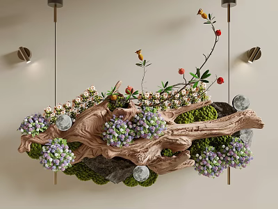 Natural Wooden Hanging Pendant with Moss Purple White Flowers Red Berries and Silver Decorative Balls 3d model