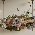 Natural Wooden Hanging Pendant with Moss Purple White Flowers Red Berries and Silver Decorative Balls