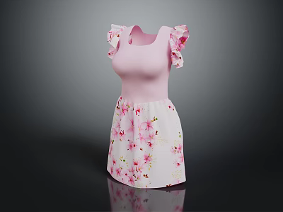 Elegant Pink Dress with Ruffle Sleeves and White Base Pink Floral Pattern 3d model