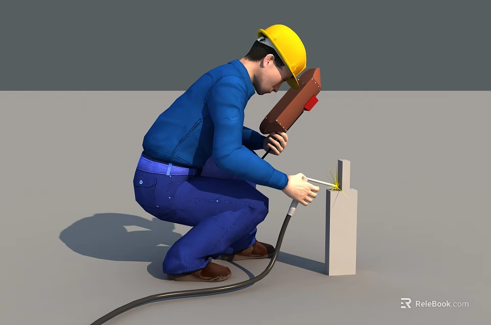 Man Wearing Yellow Hard Hat Blue Work Uniform Using Tool On White Object With Cable 3d model