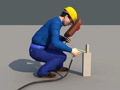 Man Wearing Yellow Hard Hat Blue Work Uniform Using Tool On White Object With Cable 3d model