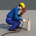 Man Wearing Yellow Hard Hat Blue Work Uniform Using Tool On White Object With Cable 3d model