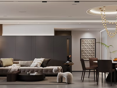 Modern Living and Dining Room Interior With Comfortable Sofa Coffee Table Chandelier and Wall Decor 3d model