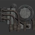 Industrial Metal Pipe Equipment With Structural Supports And Mechanical Components