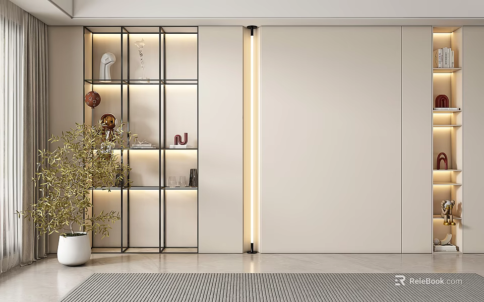 Modern Background Wall Design With LED Strip Lights Open Shelves And Green Plant Decor 3d model 