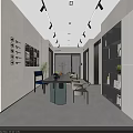 Modern Minimalist Interior With Gray Walls Glass Cabinets Black Table Blue Chairs And Rabbit Sculpture