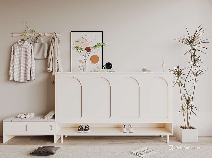 Minimalist White Shoe Cabinet With Curved Doors Hanging Rack Decorative Painting And Potted Plant 3d model 