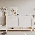 Minimalist White Shoe Cabinet With Curved Doors Hanging Rack Decorative Painting And Potted Plant