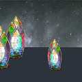 Colorful Iridescent Crystal Like Landscape Sculptures With Golden Base And Reflections On Black Background