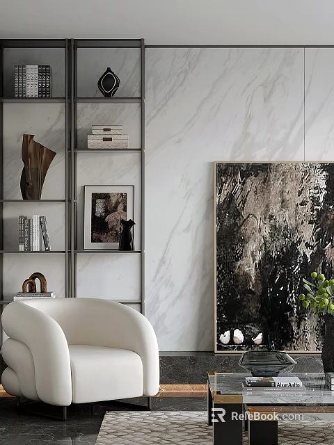 Elegant Modern Decorative Cabinet With Books Sculpture And Framed Art Against Marble Wall 3d model 