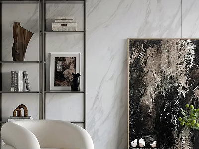 Elegant Modern Decorative Cabinet With Books Sculpture And Framed Art Against Marble Wall 3d model