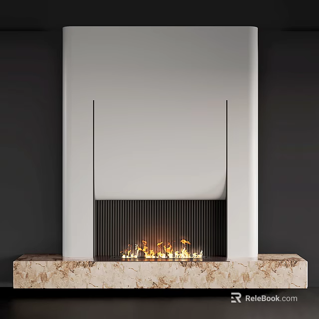 Modern Fireplace Design With White Frame Black Grille And Marble Base Burning Flames 3d model