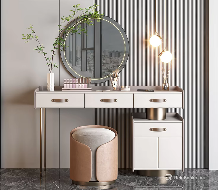 Modern White Vanity Table with Round Mirror Table Lamps Drawers Upholstered Stool and Potted Plant 3d model 