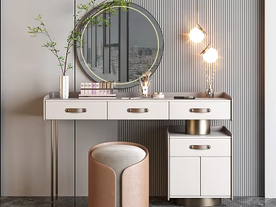Modern White Vanity Table with Round Mirror Table Lamps Drawers Upholstered Stool and Potted Plant 3d model