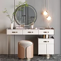 Modern White Vanity Table with Round Mirror Table Lamps Drawers Upholstered Stool and Potted Plant