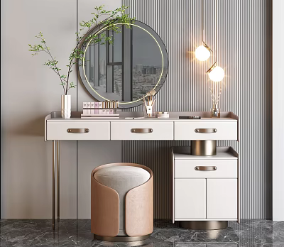 Modern White Vanity Table with Round Mirror Table Lamps Drawers Upholstered Stool and Potted Plant 3d model