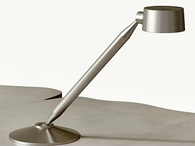 Silver Metal Table Lamp with Sleek Long Arm Round Shade and Base on Grey Tabletop 3d model