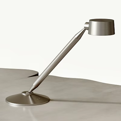 Silver Metal Table Lamp with Sleek Long Arm Round Shade and Base on Grey Tabletop 3d model
