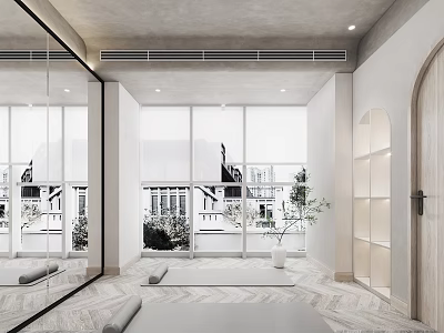 Modern Fitness Yoga Studio with Large Windows Mirror and Yoga Mats 3d model