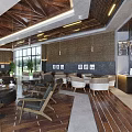 Modern Café Interior Design With Large Windows Wooden Ceiling And Cozy Seating Area