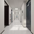 Long Modern Corridor With White Walls Ceiling Lights Black Doors And Paintings