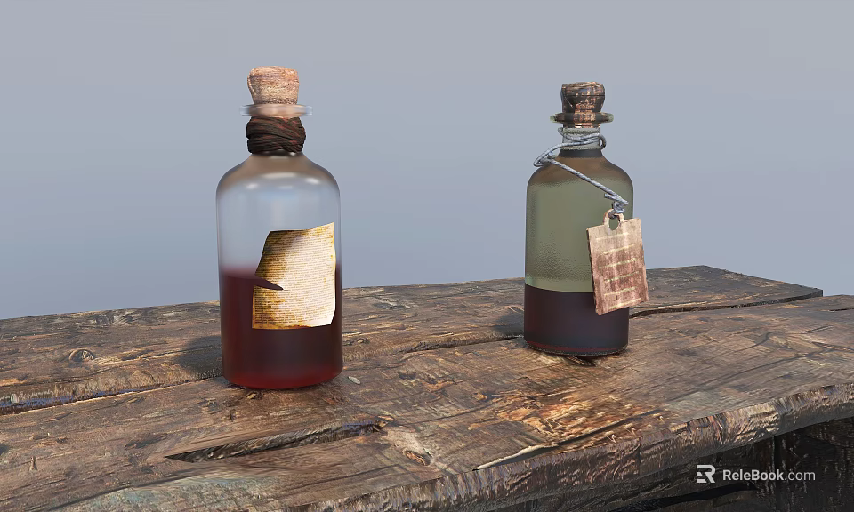 Medical Devices Glass Bottles With Cork Stoppers And Tags On Wooden Table 3d model 