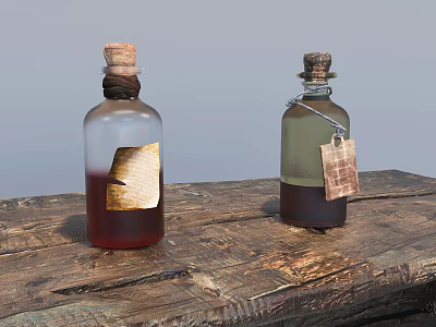 Medical Devices Glass Bottles With Cork Stoppers And Tags On Wooden Table 3d model