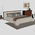 Modern Double Bed With Neutral Tones Pillows Bedspread Nightstand Wall Art And Rug