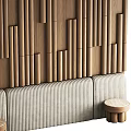 Modern Interior Design With Vertical Wooden Slat Wall Striped Beige Sofa And Small Round Stools