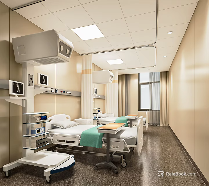 Hospital Outpatient Ward Interior With Medical Beds Modern Equipment And Ceiling Lights 3d model 