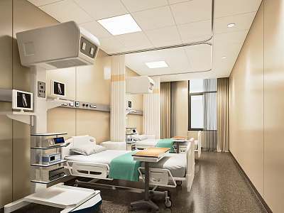 Hospital Outpatient Ward Interior With Medical Beds Modern Equipment And Ceiling Lights 3d model