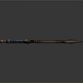 Fantasy Weapon Sword with Golden Blade Blue Hilt Ornate Decorative Patterns and Metallic Accents