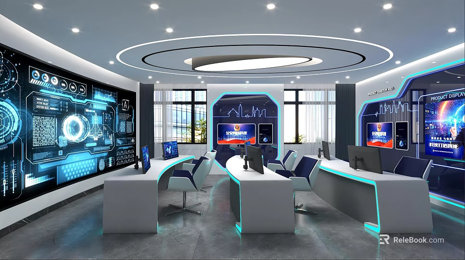 Modern Hi Tech Monitoring Room With Multiple Monitor Screens Control Consoles And Office Chairs 3d model 