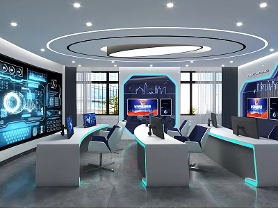 Modern Hi Tech Monitoring Room With Multiple Monitor Screens Control Consoles And Office Chairs 3d model