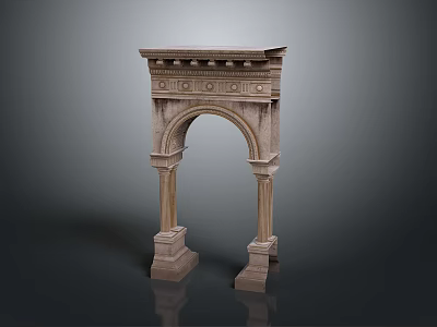 Wooden Stone Archway Structure with Intricate Carvings and Decorative Pillars 3d model