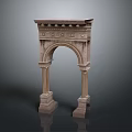 Wooden Stone Archway Structure with Intricate Carvings and Decorative Pillars