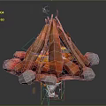 Rustic Campfire Arrangement With Stacked Logs Surrounding Stones And Flaming Embers