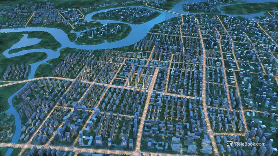 Aerial Urban Planning Design With River Integration And Residential Building Layout 3d model 