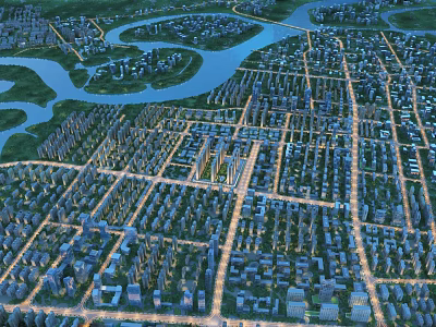 Aerial Urban Planning Design With River Integration And Residential Building Layout 3d model