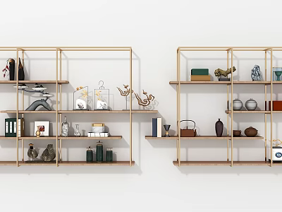 Modern Wall Cabinets With Metal Frame And Wooden Shelves Decorated With Books And Tea Sets 3d model