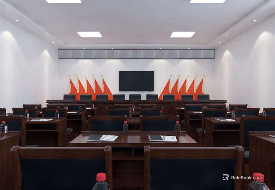 Modern Conference Room Interior With Large Screen Red Flags And Wooden Tables 3d model 