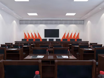 Modern Conference Room Interior With Large Screen Red Flags And Wooden Tables 3d model