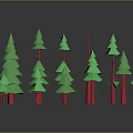 Decorative Green Tree Models with Red Trunks Various Sizes on Dark Background with Reflections 3d model